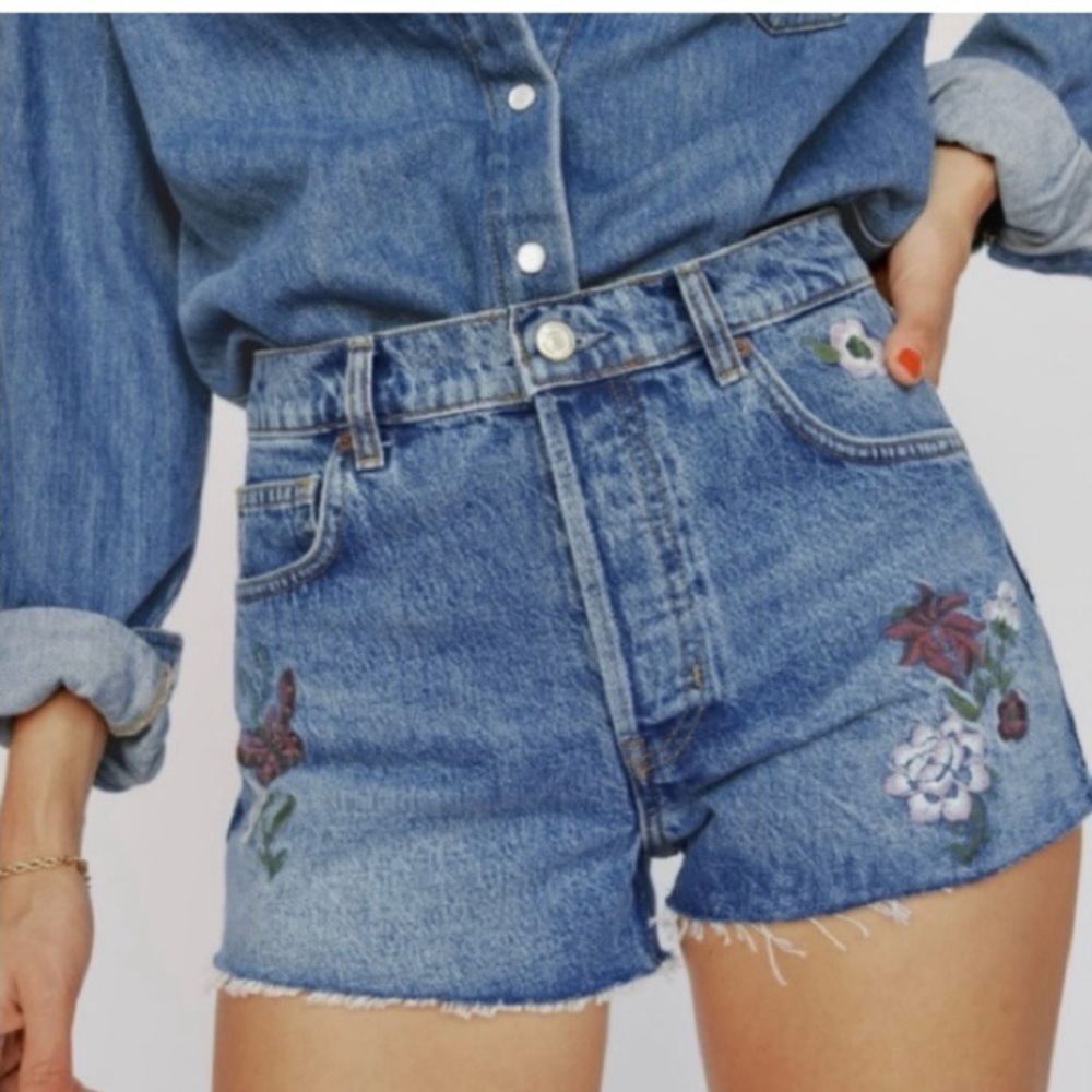 Reformation Denim High Waist Shorts with Floral Embroidery